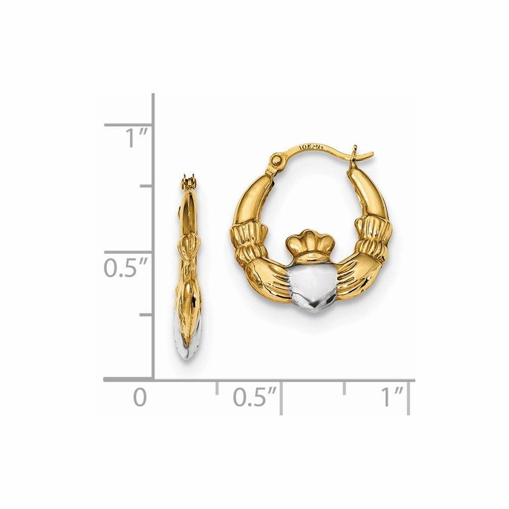 14k and Rhodium Polished Claddagh Hoops