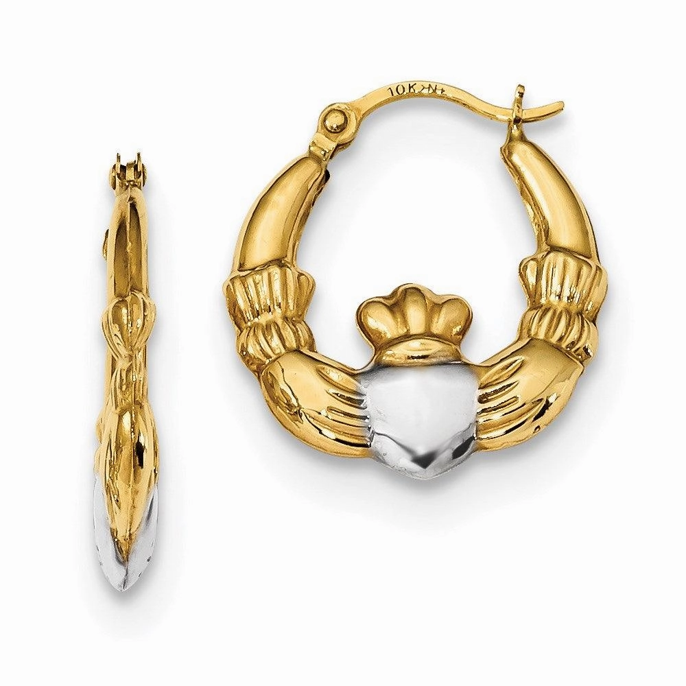 14k and Rhodium Polished Claddagh Hoops