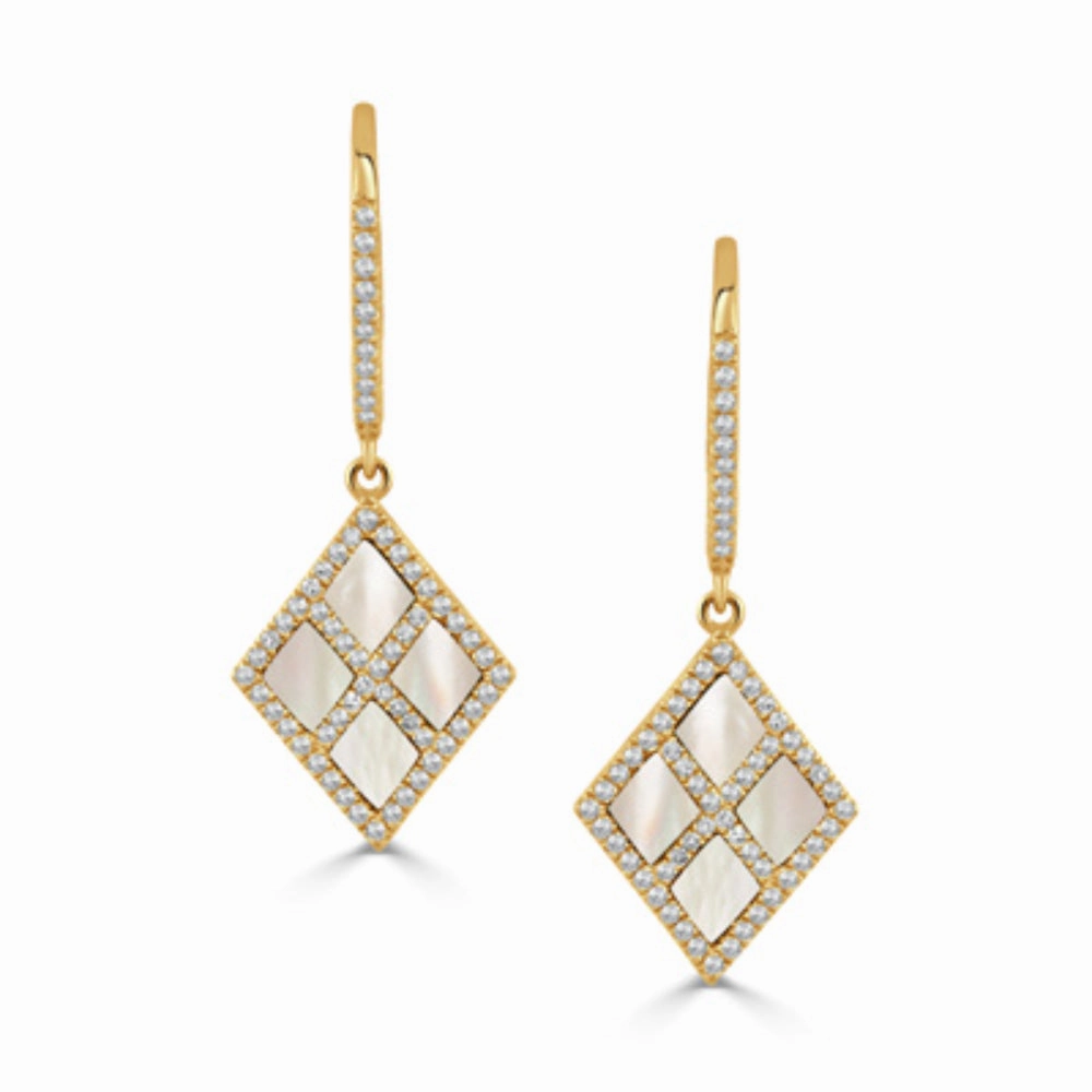 14k Gold Mother of Pearl Drop Earrings with Diamonds