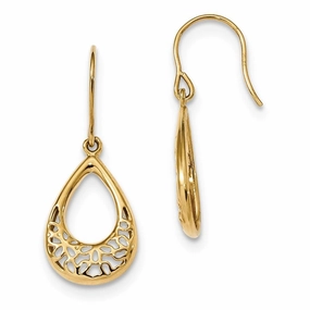 14k Polished Floral Teardrop Shepherd Hook Earrings