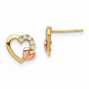 14K Two-Tone CZ Heart Post Earrings