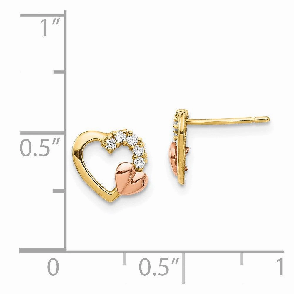 14K Two-Tone CZ Heart Post Earrings