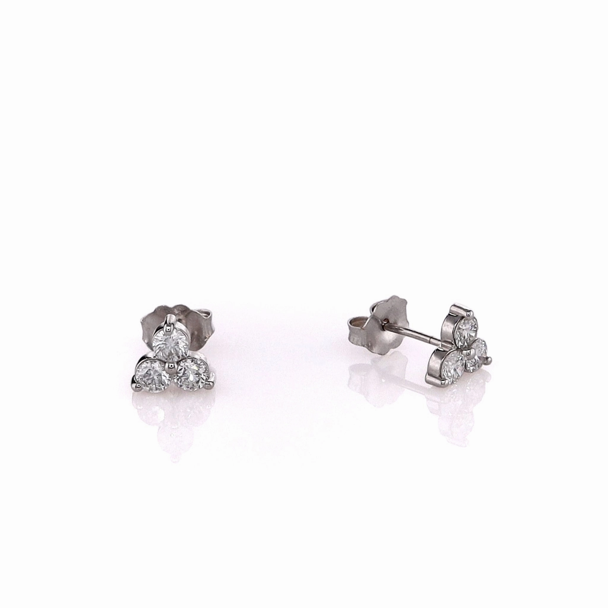 14k White Gold 0.60ct 3-Stone Cluster Diamond Stud Earrings