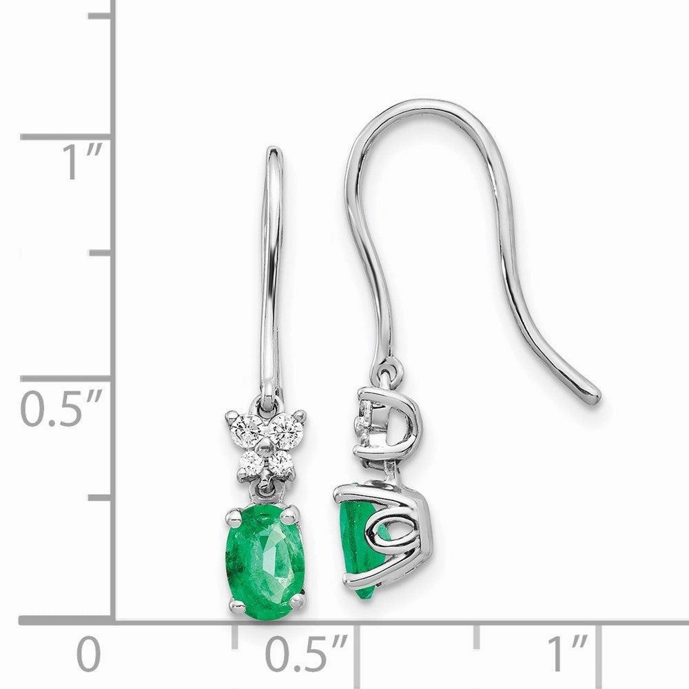14k White Gold 1/8ct Diamond & Emerald Shepherd Hook Earrings