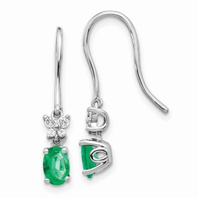 14k White Gold 1/8ct Diamond & Emerald Shepherd Hook Earrings