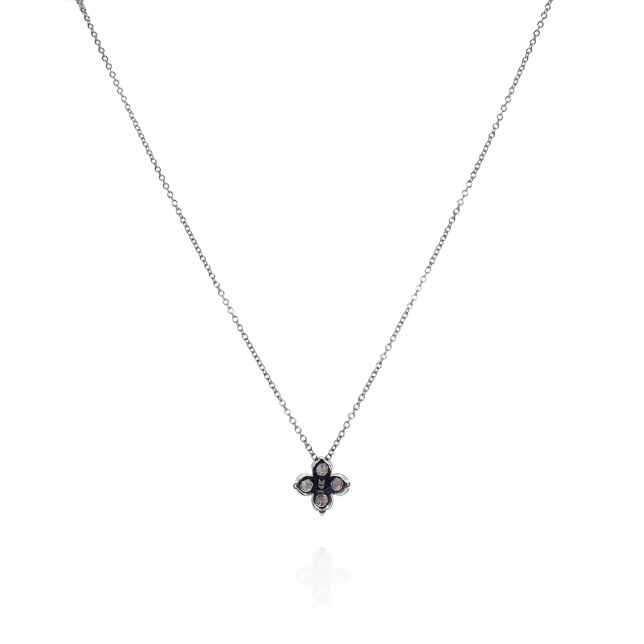 14k White Gold 4 Diamond Cluster Pendant On Adjustable 16 - 18" Chain