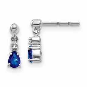 14k White Gold Blue Sapphire & Diamond Dangle Post Earrings