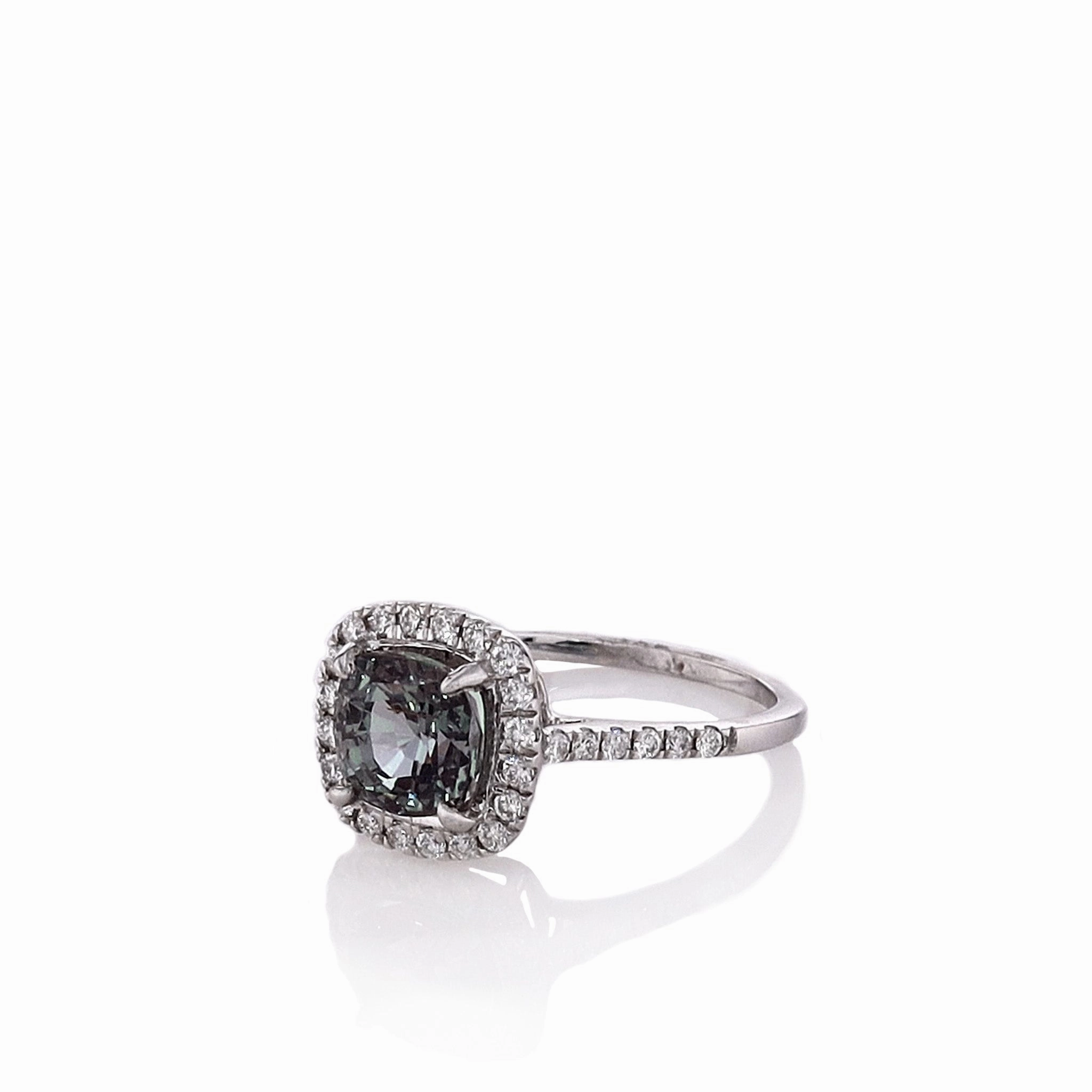 14k White Gold Cushion Alexandrite Center and Diamond Halo Ring