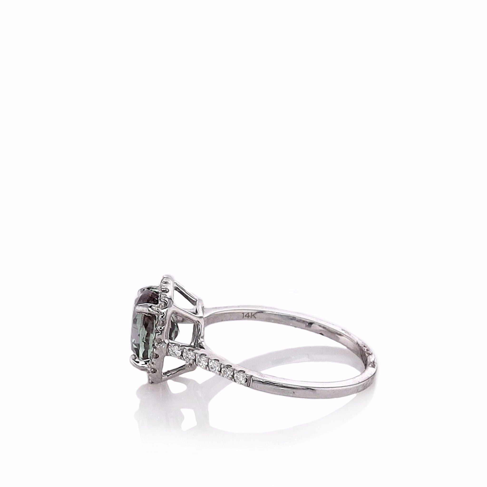14k White Gold Cushion Alexandrite Center and Diamond Halo Ring