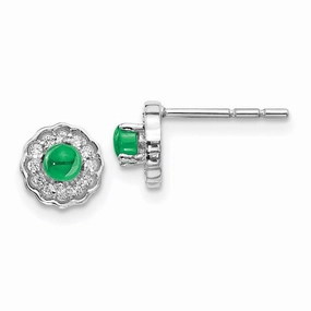 14k White Gold Diamond & Cabochon Emerald Earrings