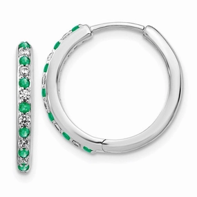 14k White Gold Diamond & Emerald Hinged Hoop Earrings
