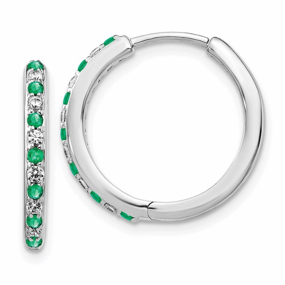 14k White Gold Diamond & Emerald Hinged Hoop Earrings