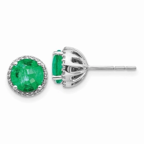 14k White Gold Diamond & Emerald Post Earrings