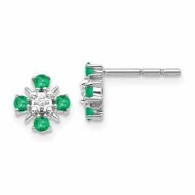 14k White Gold Emerald & Diamond Post Earrings