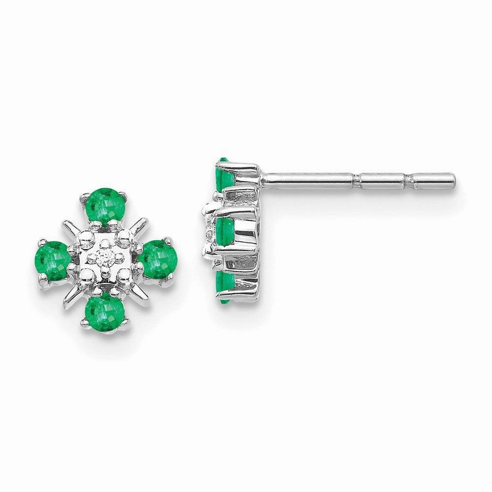 14k White Gold Emerald & Diamond Post Earrings