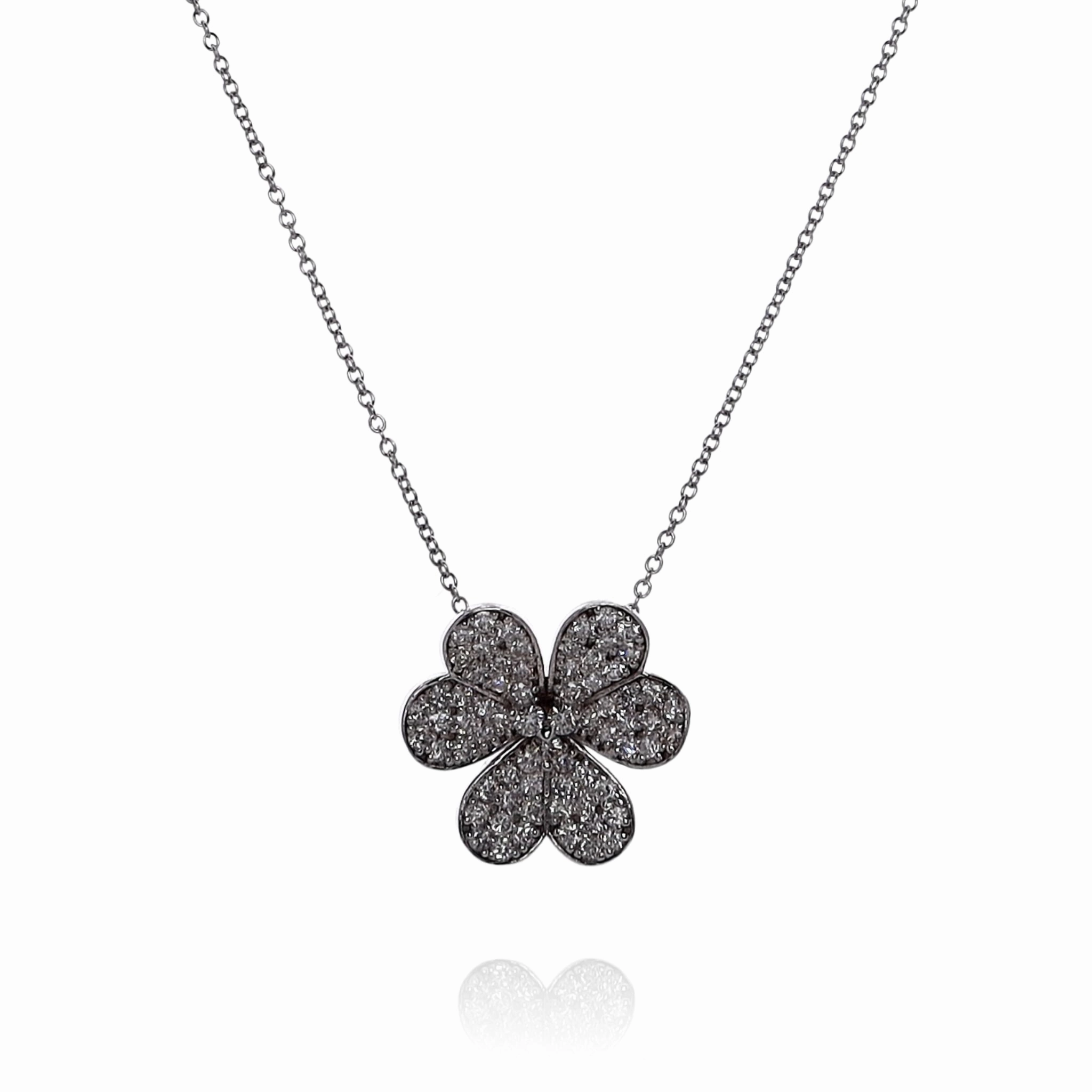 14k White Gold Floral Clover Design Diamond Pendant Necklace