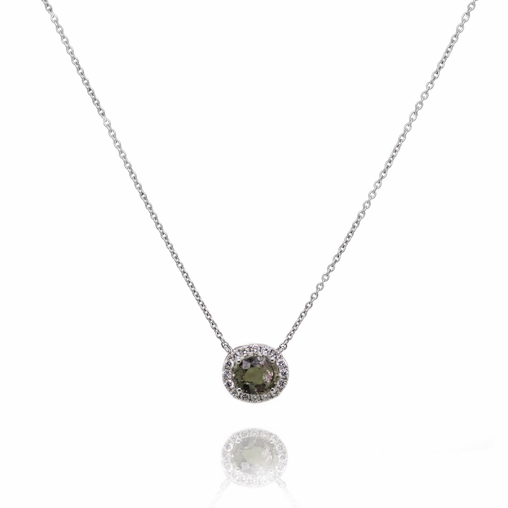 14k White Gold Oval Alexandrite and Round Diamond Halo Pendant Necklace