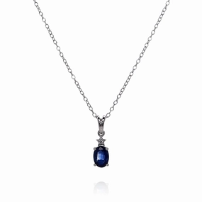14k White Gold Oval Blue Sapphire and Diamond Pendant Necklace