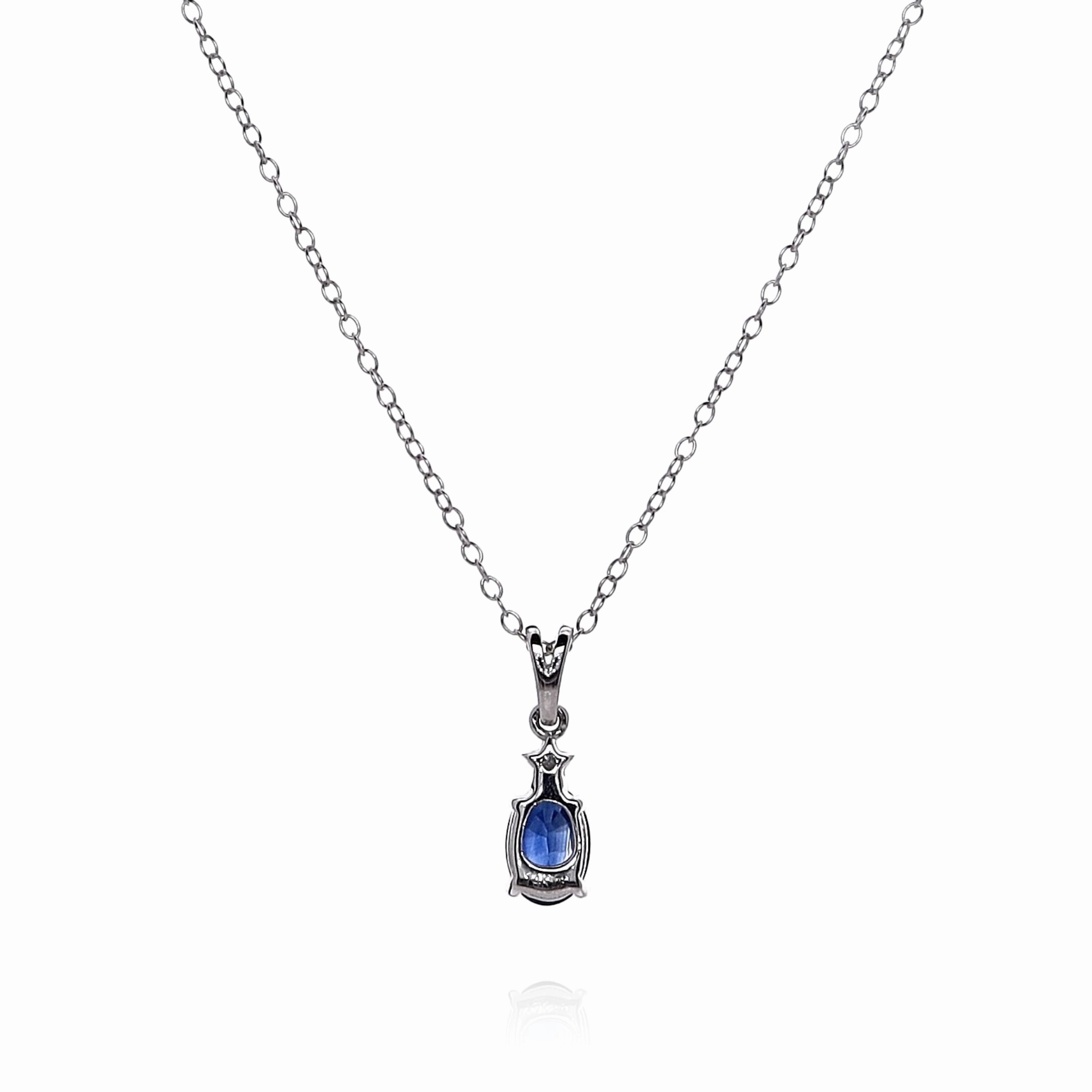 14k White Gold Oval Blue Sapphire and Diamond Pendant Necklace