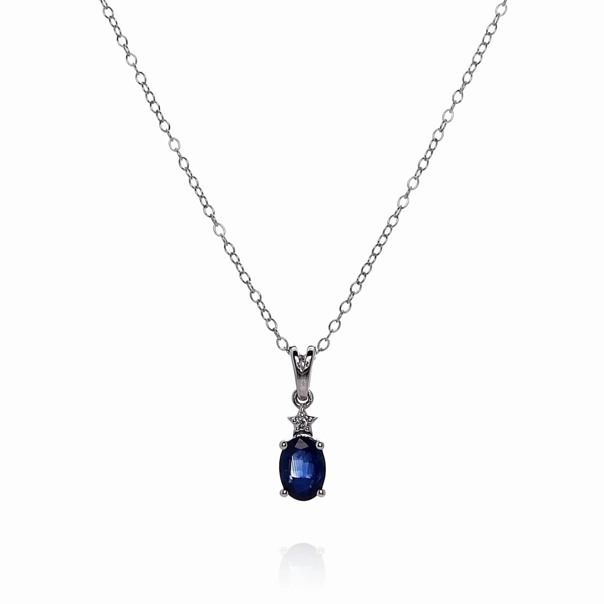 14k White Gold Oval Blue Sapphire and Diamond Pendant Necklace