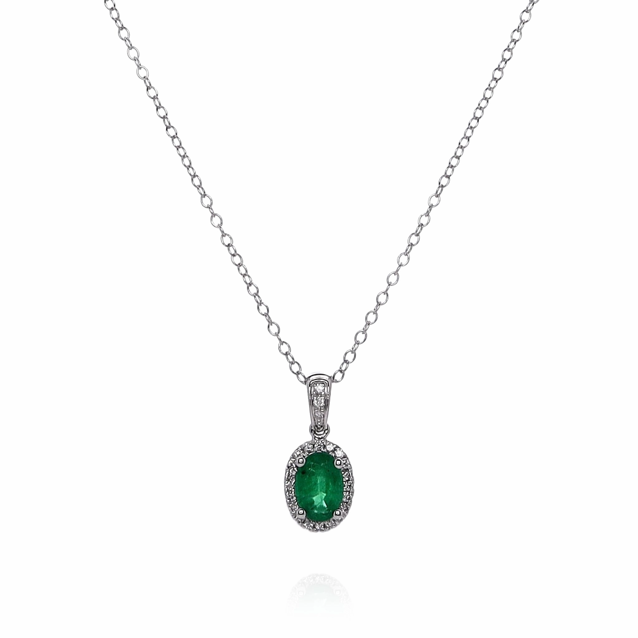 14k White Gold Oval Emerald and Diamond Halo Pendant Necklace