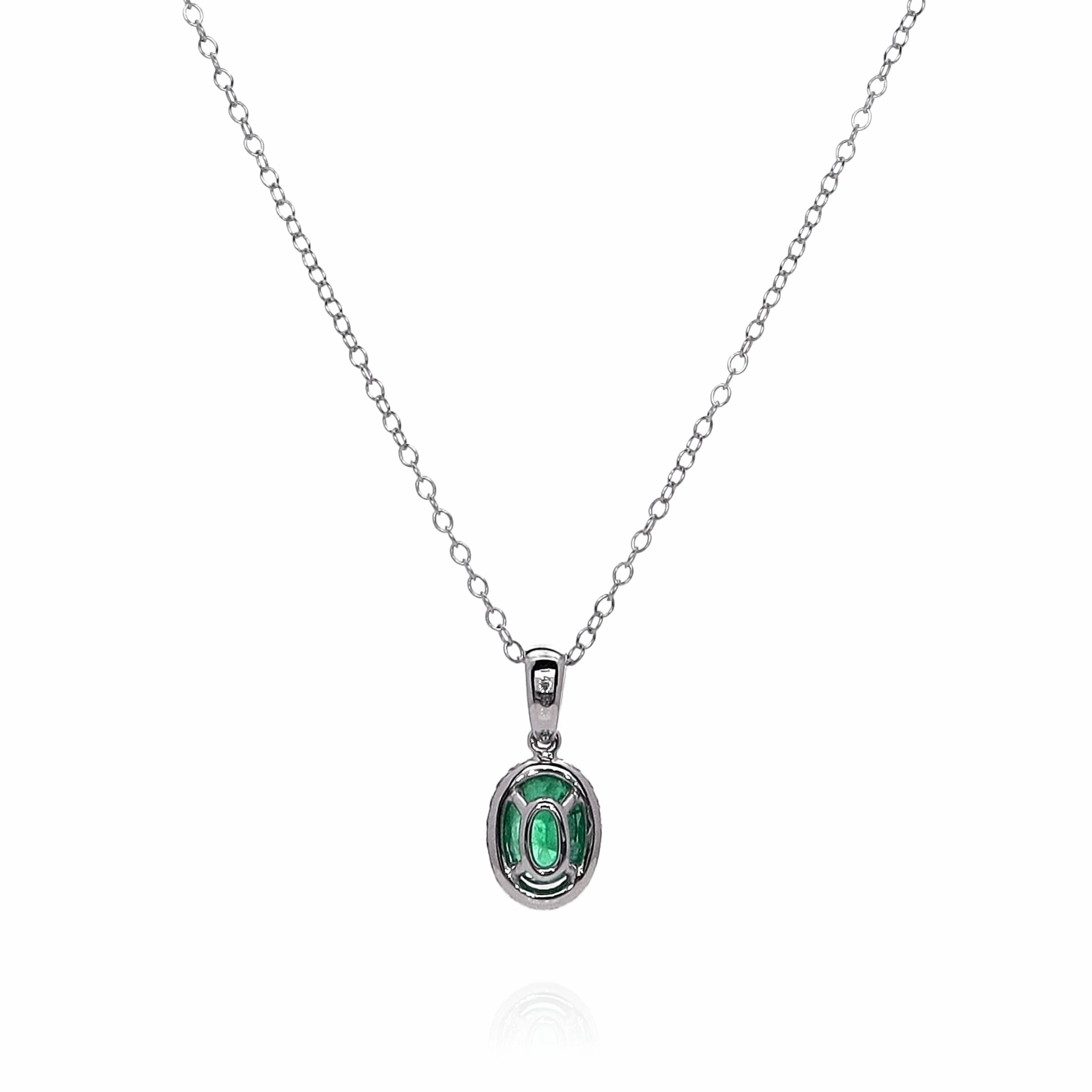 14k White Gold Oval Emerald and Diamond Halo Pendant Necklace