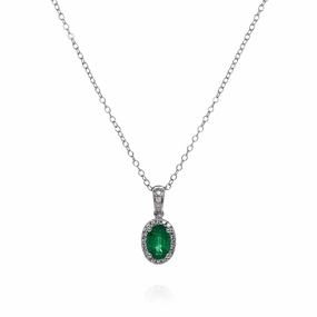 14k White Gold Oval Emerald and Diamond Halo Pendant Necklace