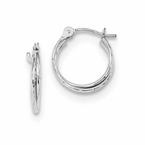14k White Gold Polished Diamond Cut Double Hoops