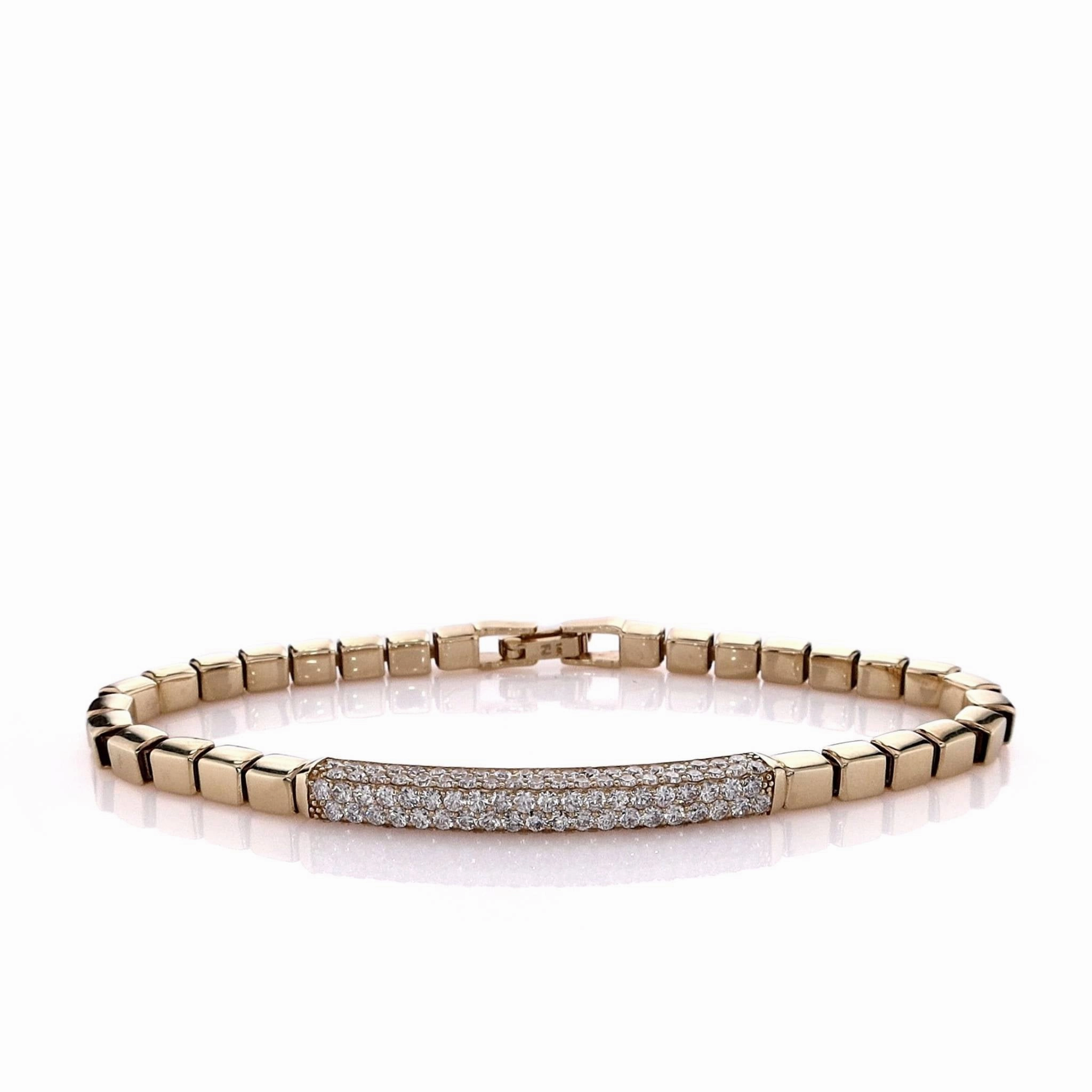 14k Yellow Gold 3 Sided Pave Diamond Bar on Box Link Chain Bracelet