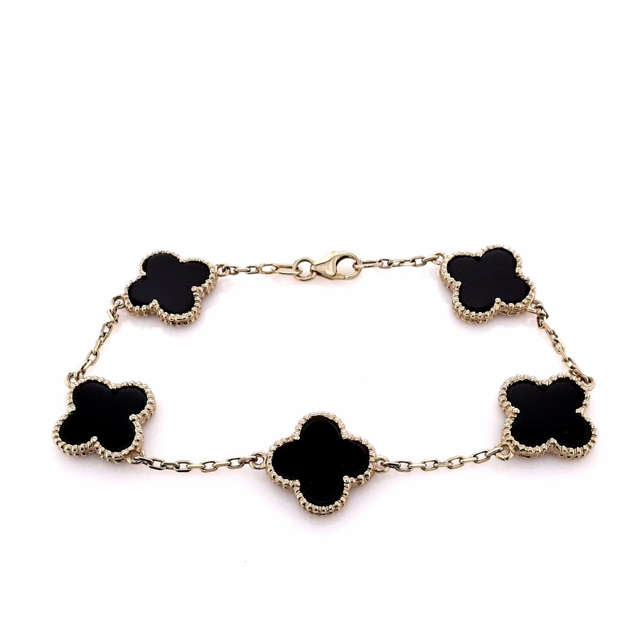 14k Yellow Gold 7.5" Black Onyx Clover Design Station Bracelet