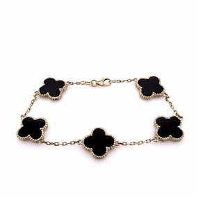 14k Yellow Gold 7.5" Black Onyx Clover Design Station Bracelet