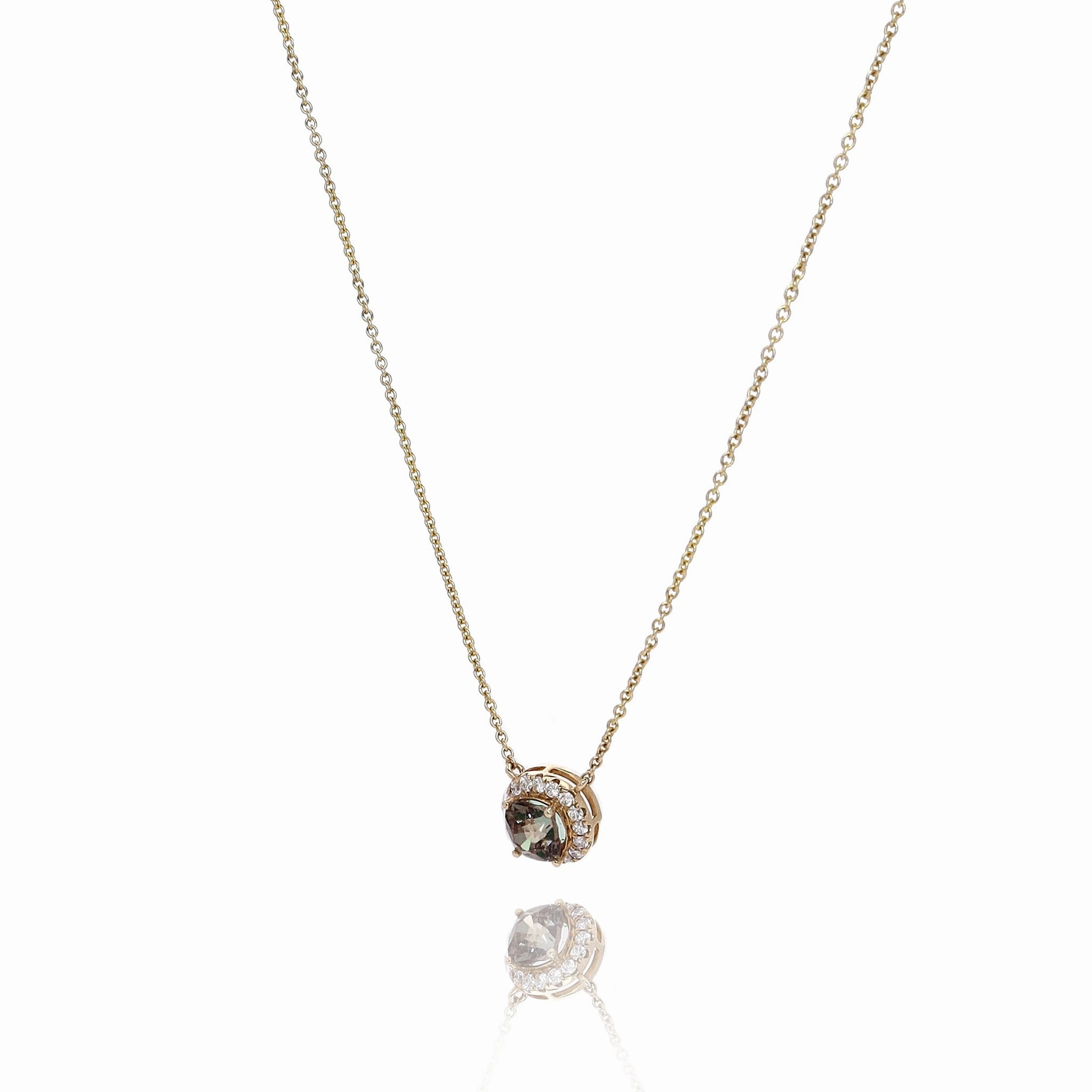 14k Yellow Gold Cushion Alexandrite and Diamond Halo Pendant Necklace