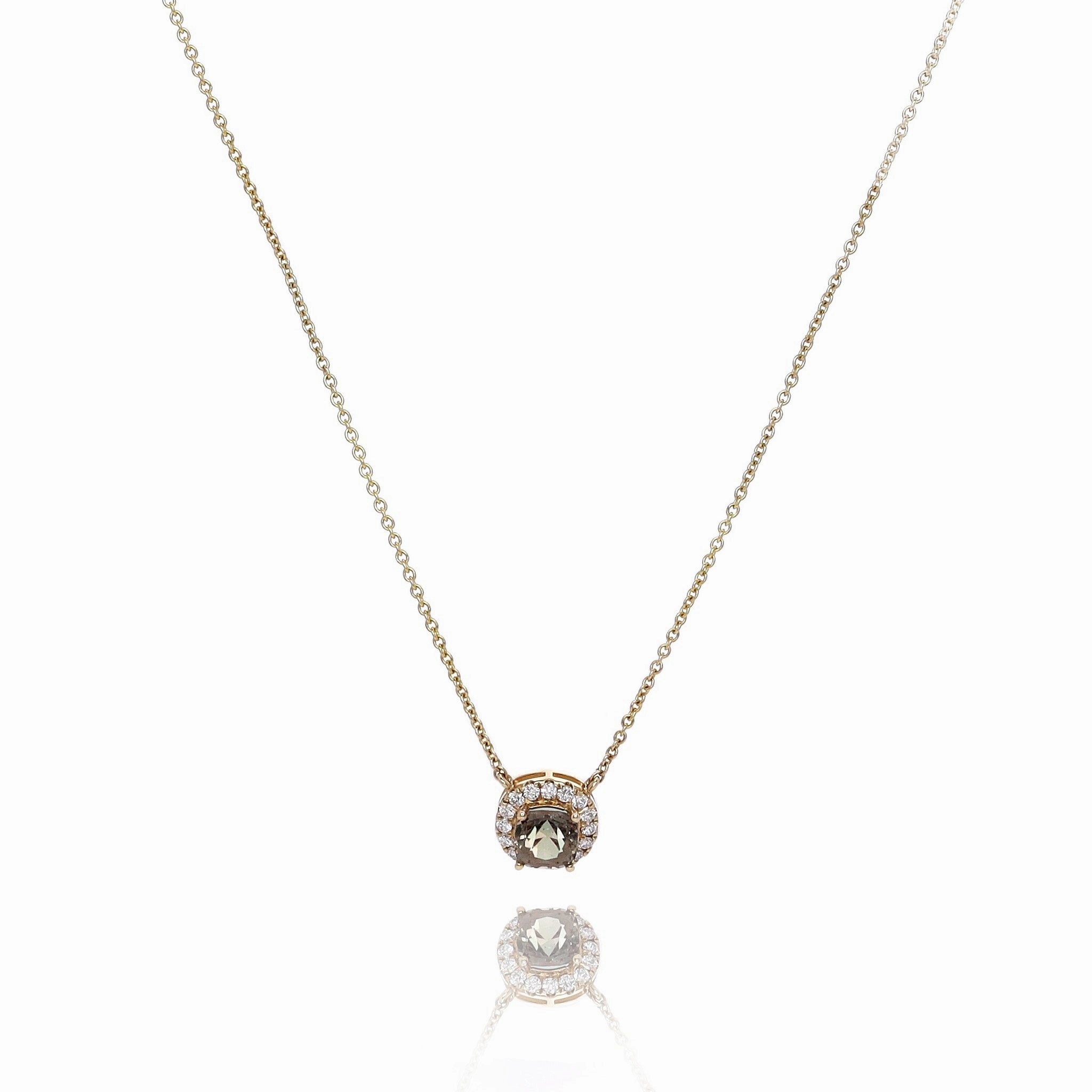 14k Yellow Gold Cushion Alexandrite and Diamond Halo Pendant Necklace