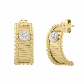 14k Yellow Gold Half Moon Diamond Hoop Earrings