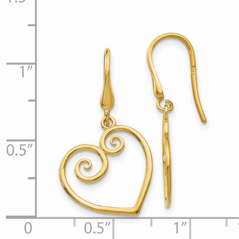 14K Yellow Gold Heart Dangle Shepherd Hook Earrings