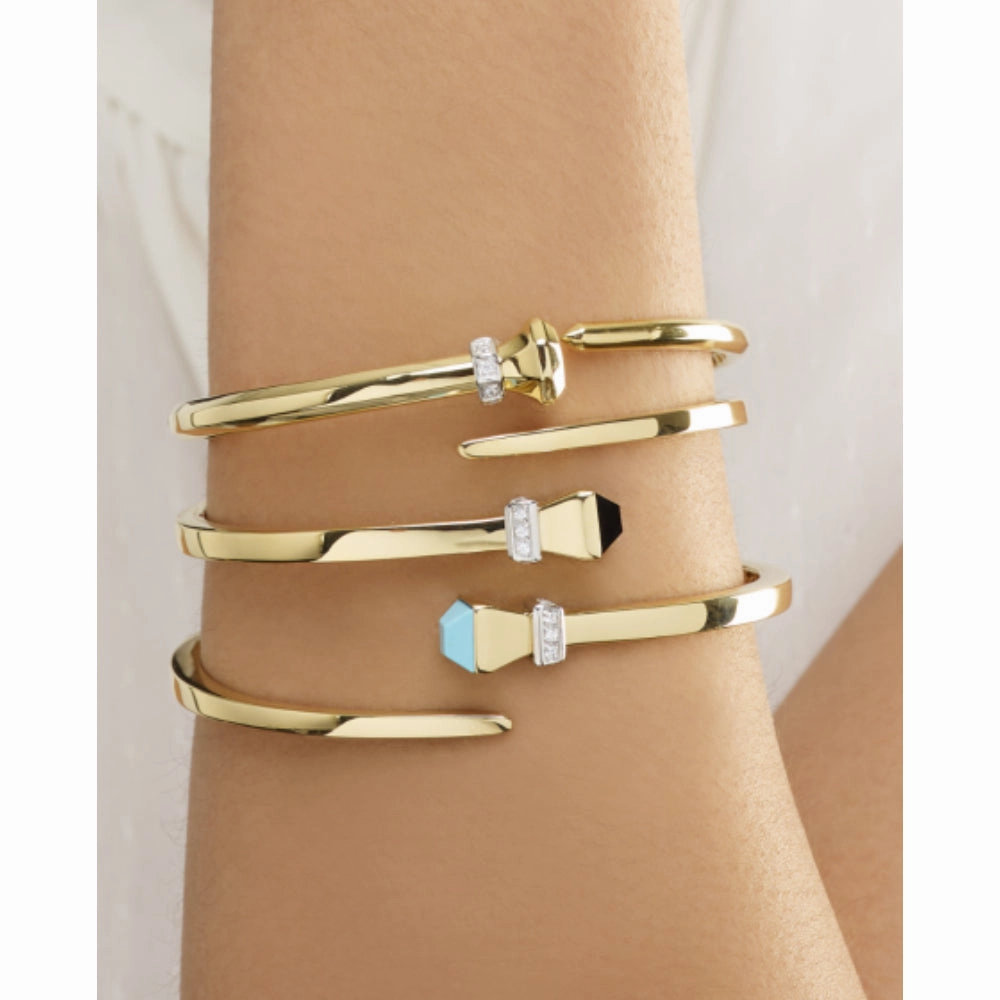 14k Yellow Gold Onyx and Diamond Wrap Hardware Bangle Bracelet