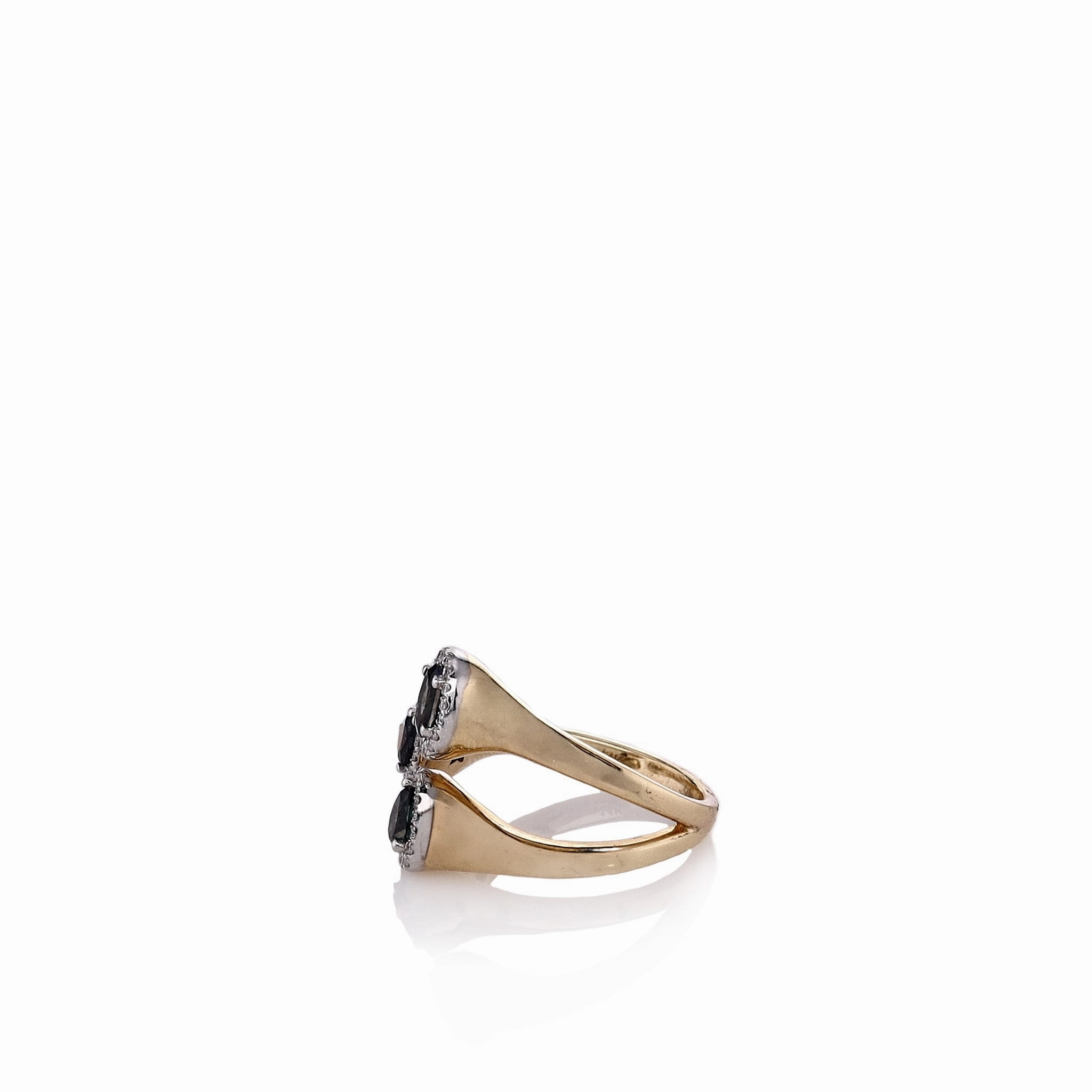 14k Yellow Gold Open Design Multi Shape Alexandrite and Diamond Halo Ring