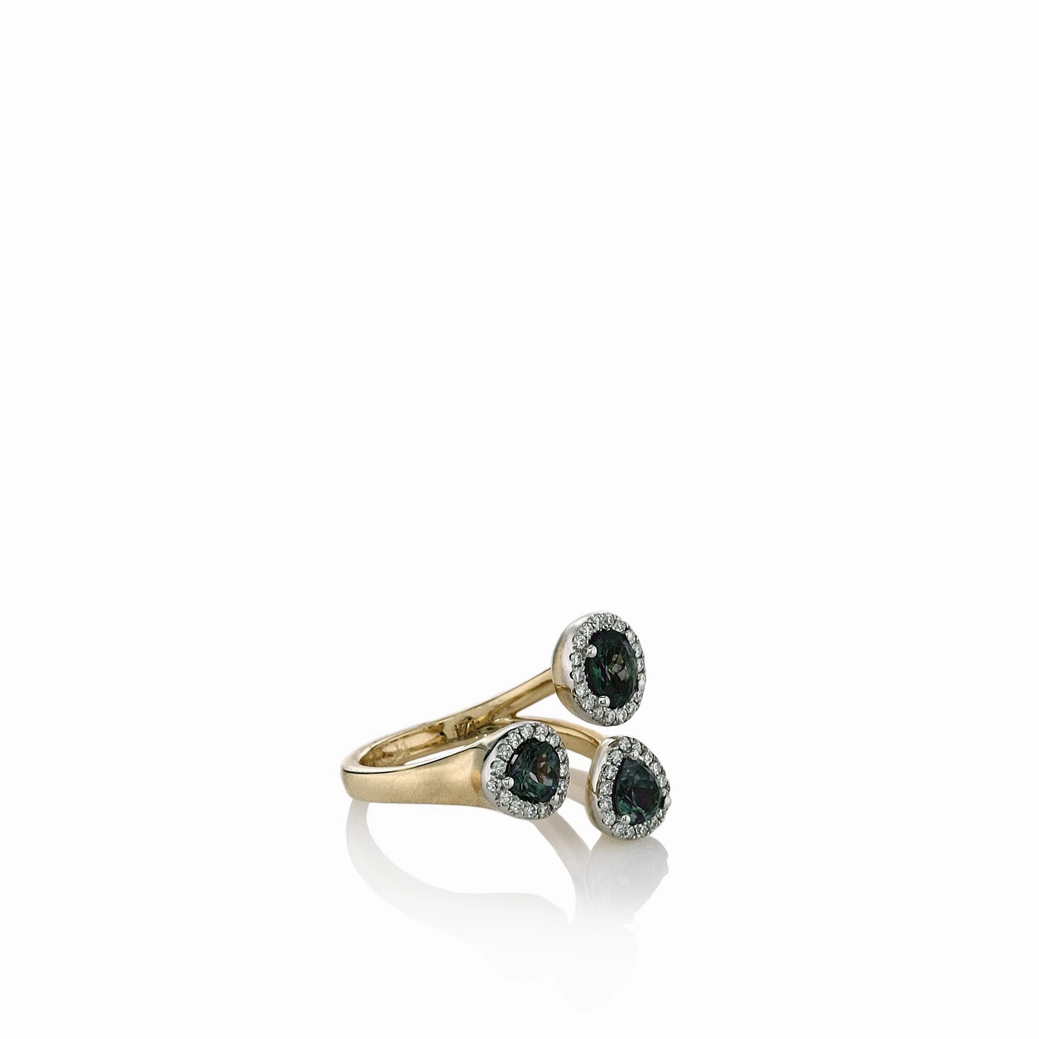 14k Yellow Gold Open Design Multi Shape Alexandrite and Diamond Halo Ring