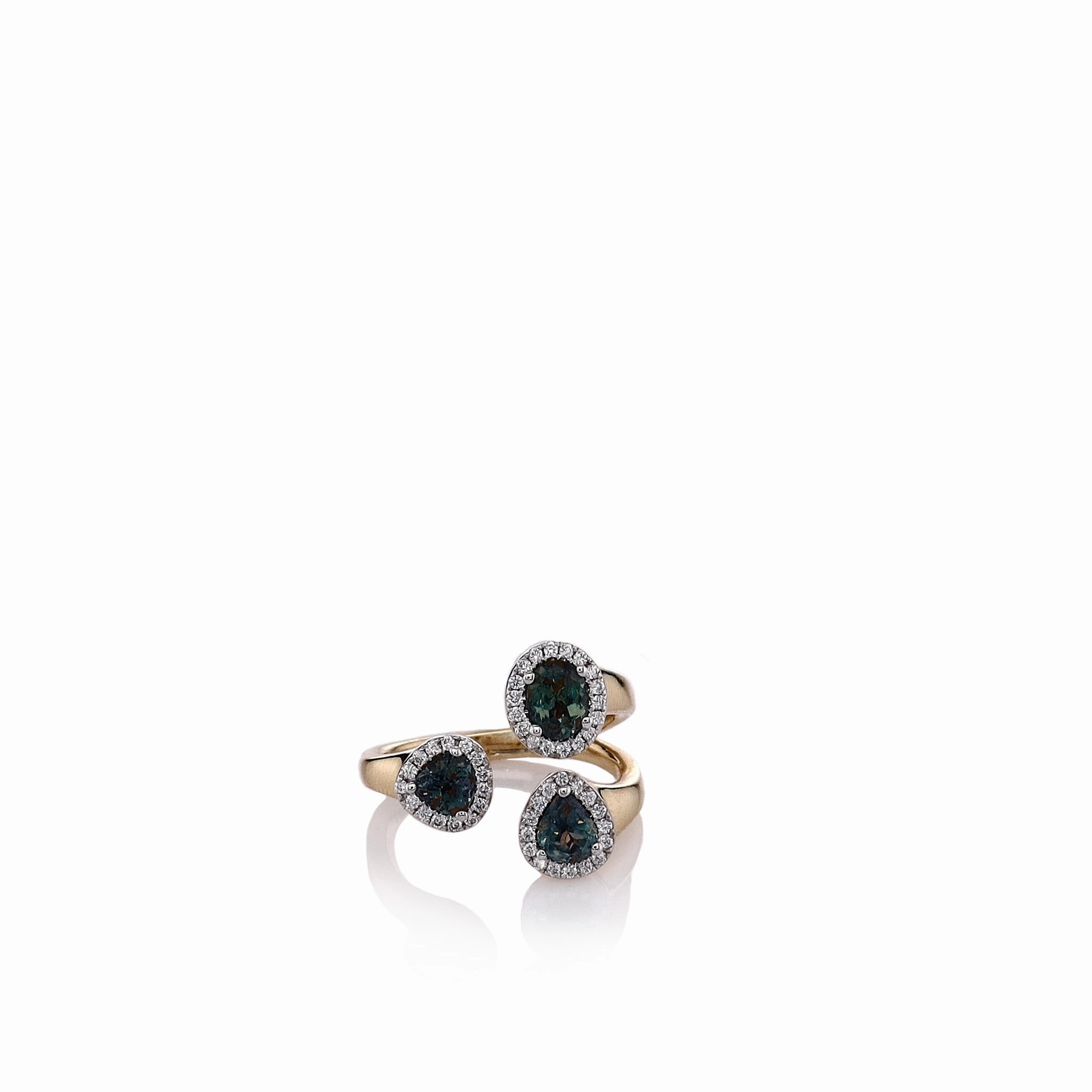 14k Yellow Gold Open Design Multi Shape Alexandrite and Diamond Halo Ring