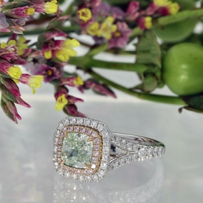 18ct White and Rose Gold 2ct Cushion Cut Green Diamond with Pink & White Diamond Halo Ring