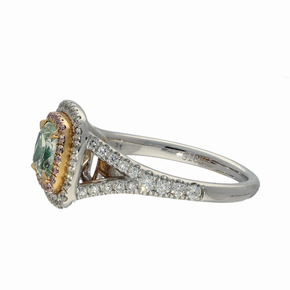 18ct White and Rose Gold 2ct Cushion Cut Green Diamond with Pink & White Diamond Halo Ring