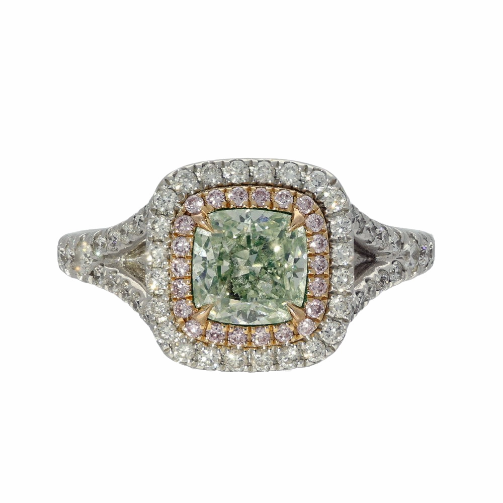 18ct White and Rose Gold 2ct Cushion Cut Green Diamond with Pink & White Diamond Halo Ring
