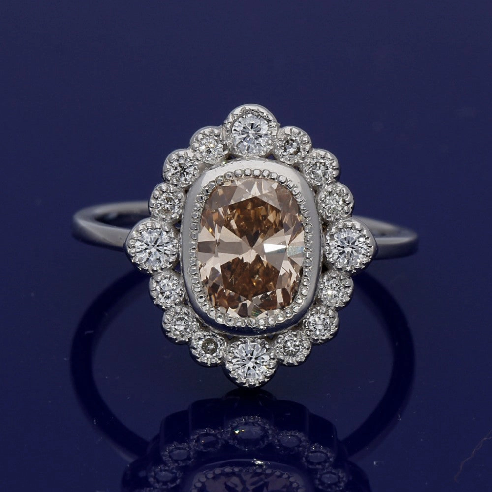 18ct White Gold 1.90ct Natural Light Brown Diamond Halo Cluster Ring