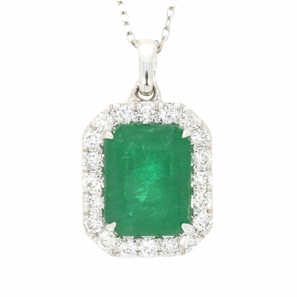 18ct White Gold 2.55ct Emerald and Diamond Set Pendant and Chain Necklace