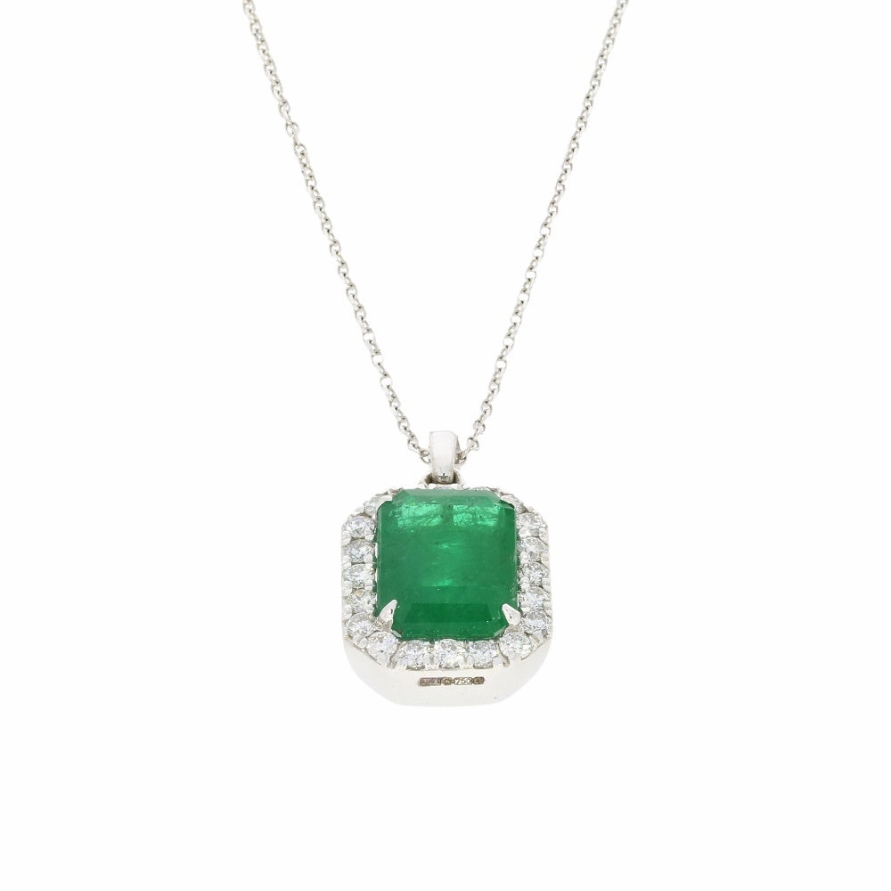 18ct White Gold 2.55ct Emerald and Diamond Set Pendant and Chain Necklace