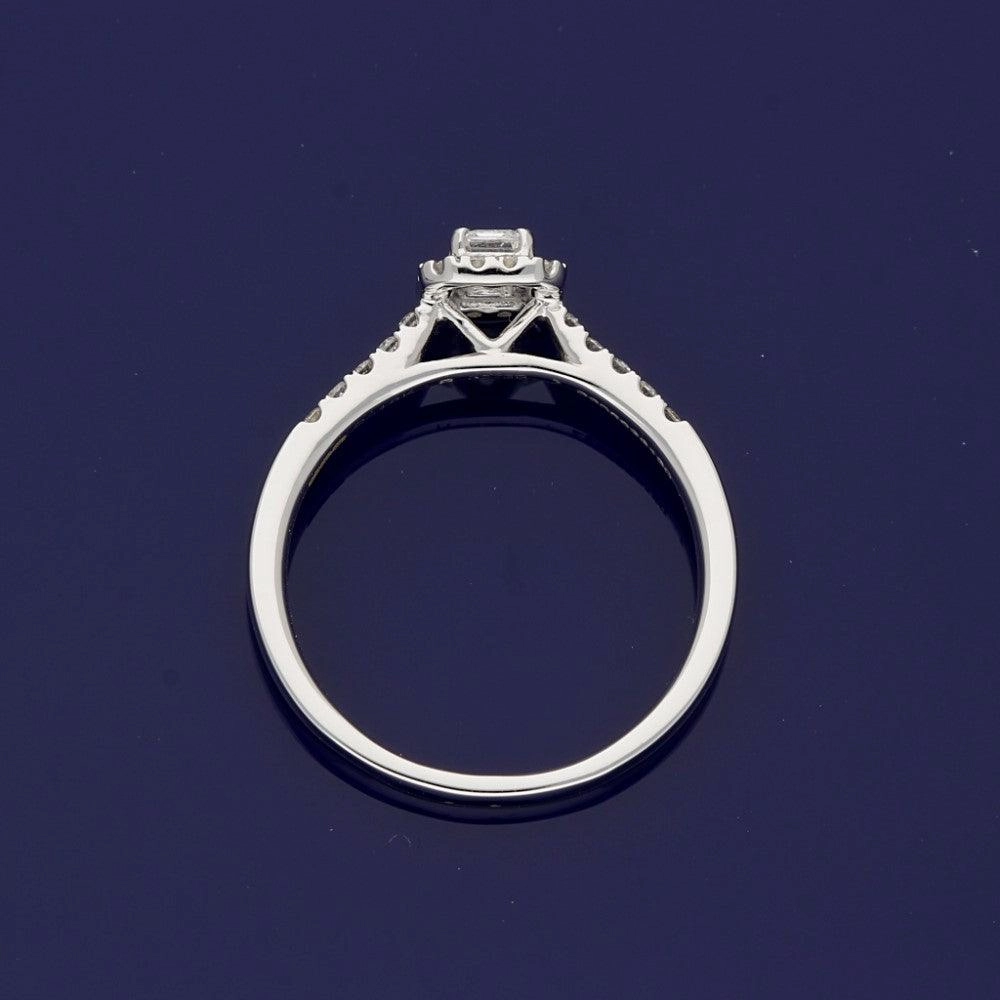 18ct White Gold Certificated Emerald Cut Diamond Halo Ring