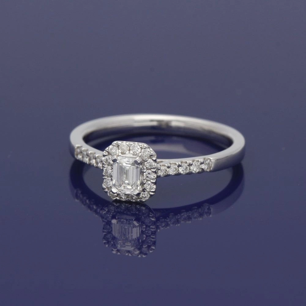 18ct White Gold Certificated Emerald Cut Diamond Halo Ring