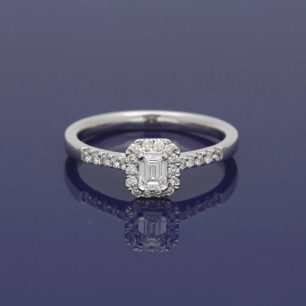 18ct White Gold Certificated Emerald Cut Diamond Halo Ring
