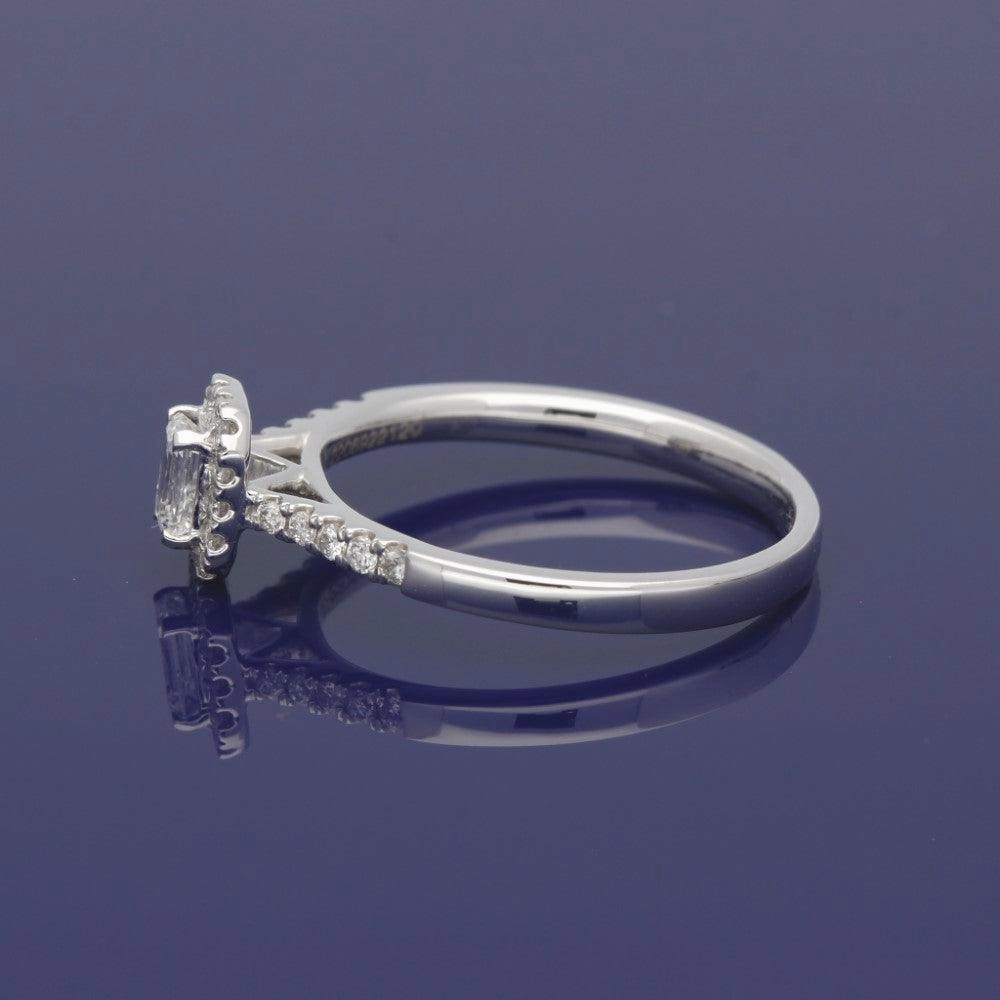18ct White Gold Certificated Emerald Cut Diamond Halo Ring