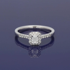 18ct White Gold Certificated Emerald Cut Diamond Halo Ring